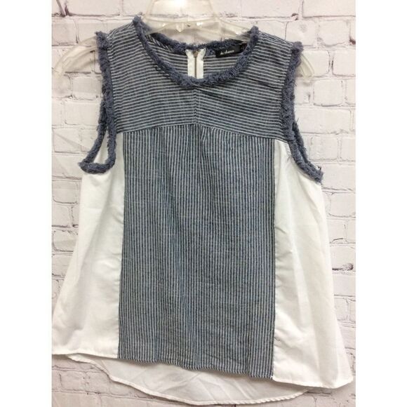 De Chance Women's White & Blue Sleeveless fringe trim Blouse Top Large zip back - Picture 1 of 8